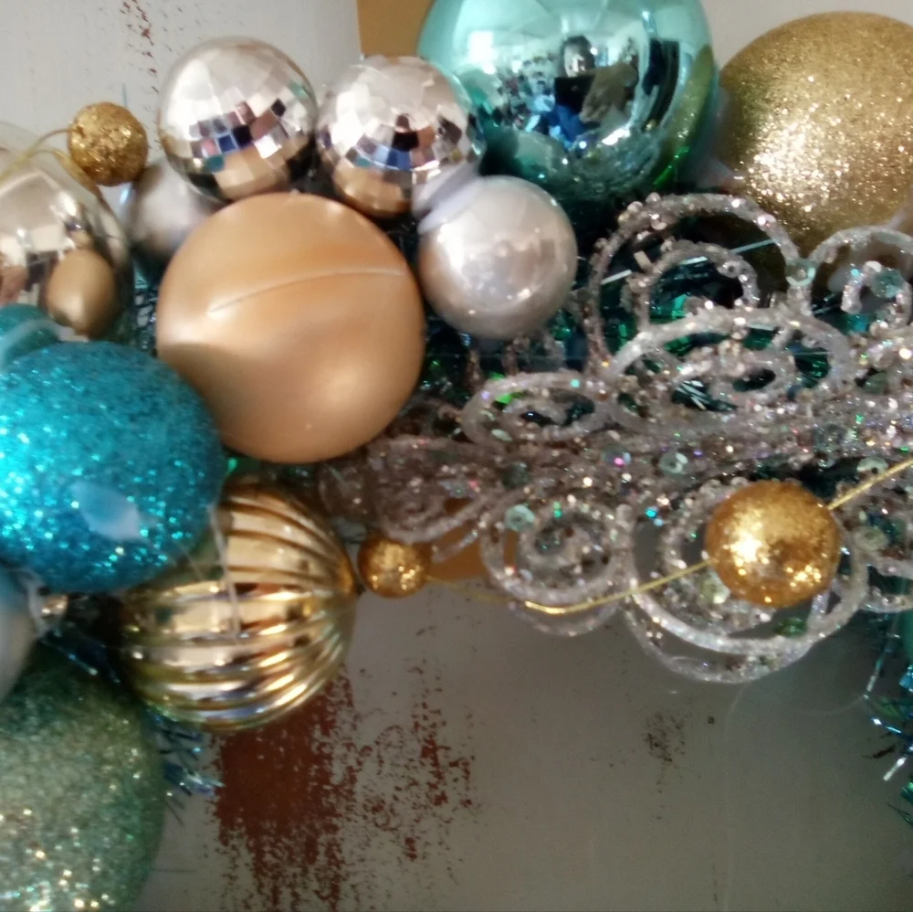 Shabby Blue Silver Gold Vintage Ornaments Holiday Wreath Handmade
